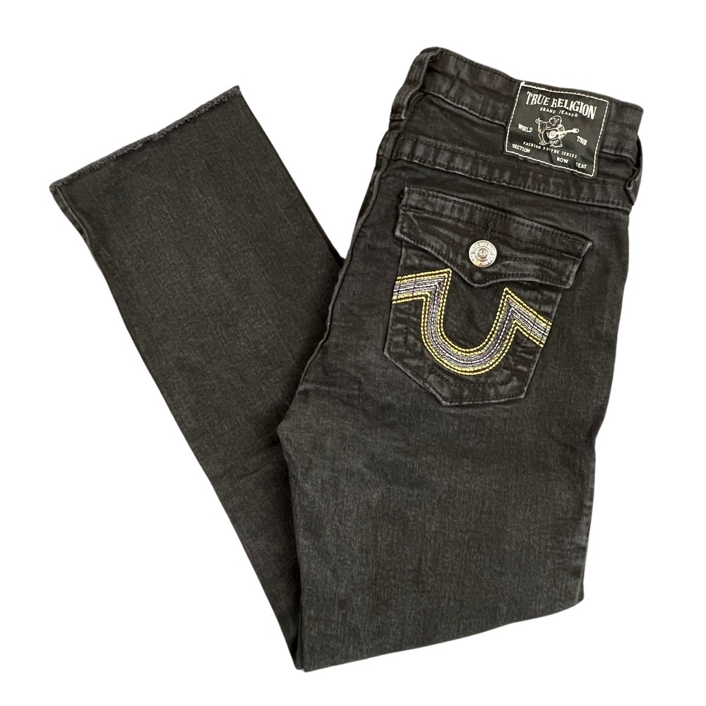 True Religion Billie Straight Mid Rise 27x24‎ Crop Contrast Stitch Raw Hem Jeans